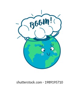 Planet Earth with Boom Cloud. Modern Flat Vector Illustration. Social Media Template.