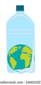 Planet Earth in the bottle. Save World ecology. Pollution problem concept disposable polythene package. No to plastic. White background. Vector illustration