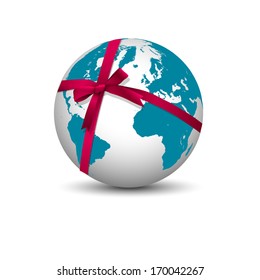 Planet Earth with bow red ribbon. Vector EPS10