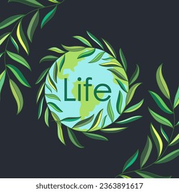 Planeta Tierra con ramas y hojas. Estilo plano. Ecología en vector.