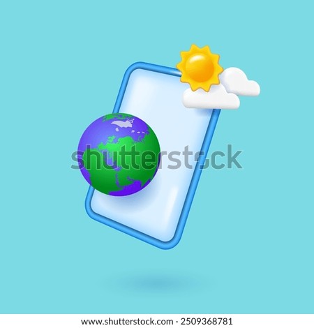 Planet Earth and bright sun on mobile phone screen. Realistic 3d objects in cartoon style. Vector illustration