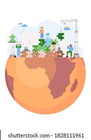 Planet earth brown in the form of a construction with factories with smoke from pipes and felled trees, environmental pollution theme with ax man cuts trees to build cities, factories pollute the air