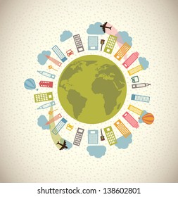 Planet earth with buildings and airplane vector illustration