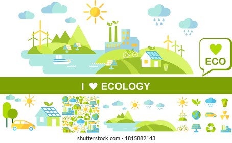 Planet earth with buildings, trasport and nature elements in flat style. Cyclic ecology concept with icons, symbol.

