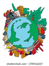 Planet earth with buildings, trees, elements of nature vector illustration in cartoon style. Green life planet, globe world illustration.