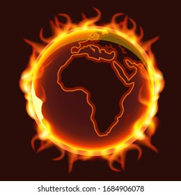 Planet earth burning in flames of fire, palms vector illustration