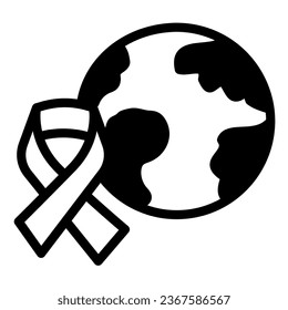 Planet Earth and cancer ribbon solid icon, World cancer day concept, aids awareness sign on white background, tape and planet icon in glyph style for mobile and web design. Vector graphics