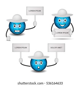 Planet Earth with a caption sign isolated. Cartoon smile set for your design.