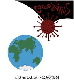 Planet earth captured by Coronavirus infection from China. Lettering and big red molecule of virus. Vector stock illustration in cartoon style.