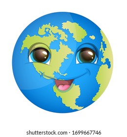 Planet Earth Cartoon Character isolated on white background.Happy Earth with big eyes and wide smile.Vector illustration.