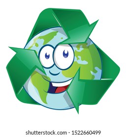 Planet Earth Cartoon Character on recyclin symbol