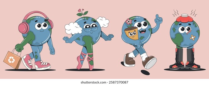 Planet Earth cartoon groovy characters for Earth or World Environment Day. Zero waste, recycle, save Earth, less plastic concepts. Vector collection. 