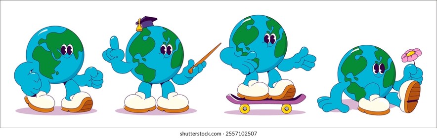 Planet Earth cartoon mascot with positive emotions in fun poses - confident walking, teaching with graduation cap, riding skateboard, relaxing with flower. Global character set for environmental promo