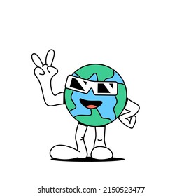 Planet earth cartoon standing and merrily showing peace sign.Globe symbol.Earth day celebration concept,ecology care.Stock vector illustration of planet earth.Isolated white background.