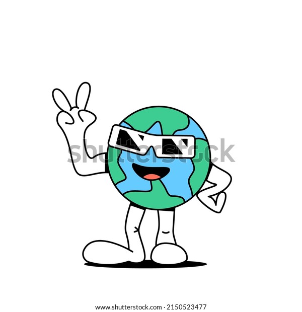 Planet earth cartoon standing and merrily\
showing peace sign.Globe symbol.Earth day celebration\
concept,ecology care.Stock vector illustration of planet\
earth.Isolated white\
background.
