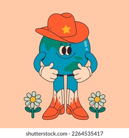 Carácter planetario terrestre. El planeta Tierra linda con emociones, cara, brazos, sombrero de vaquero y piernas en botas. Estilo de caricatura. Dibujo a mano a la moda ilustración Vector. Día mundial de la tierra, el cuidado del concepto de la naturaleza