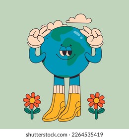 Planet Earth character. Cute Earth globe with emotions, face, arms and legs in boots. Cartoon style. Hand drawn trendy Vector illustration. World earth day, caring for nature concept