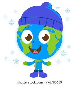 Planet earth character with hat and scarf in winter. Vector illustration