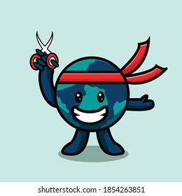 Planet Earth character holding scissors, cute globe with smiley face and hands vector illustration