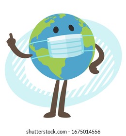 Planet Earth character in the medical mask. Raised index finger. Vector Illustration. 