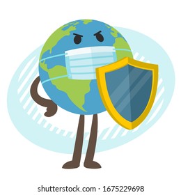 Planet Earth character in the medical mask with the shield. Vector Illustration. 