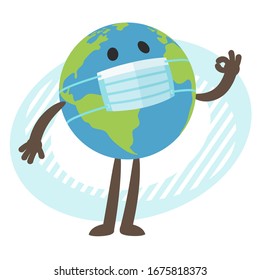 Planet Earth character in the medical mask. Hand gesture OK sign. Vector Illustration. 