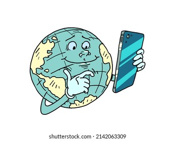 planet earth character with phone, global connection, internet