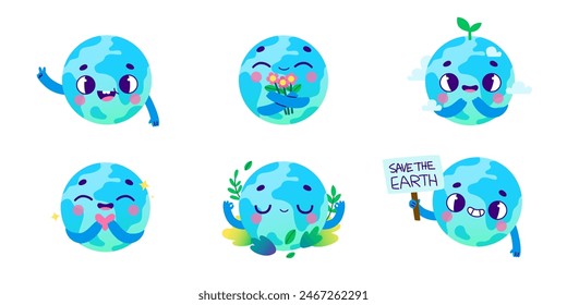 Planet earth character set. Cute cartoon world globe collection. Friendly vector earth planet with face.