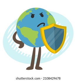 Planet Earth character with the shield. Vector Illustration. 