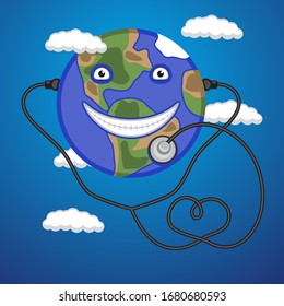 Planet earth character with a stethoscope on an isolated background. Vector image eps 10