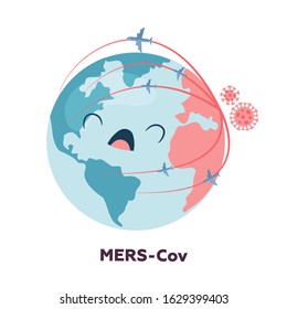 Planet earth character is upset and screaming because of the spread of coronavirus. Floating influenza virus cells. 2019-nCoV. China pathogen respiratory coronavirus 2019-nCoV. Flu spreading of world