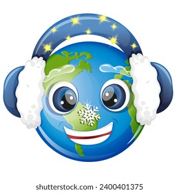 Planet Earth character in winter earmuffs on white background. Winter concept. Funny vector illustration