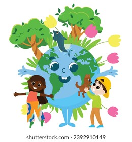  El planeta Tierra con una cara alegre sonríe alegremente, cerca de ella hay niños, árboles, plantas, flores y un delfín.