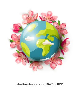 Planet Earth And Cherry Blossom Flowers On White Background. Ecological Concept. Planet Day. Planet Week. Vector Illustration.