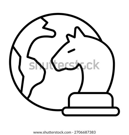 Planet Earth with chess knight thin line icon, chess game concept. Vector graphics. Chess horse planet sign on white background, outline style icon for mobile or web design