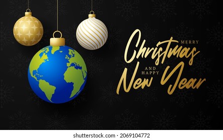 planet earth Christmas ball card. Merry Christmas world greeting card. Hang on a thread earth planet as a xmas ball bauble on black background. world Vector illustration.