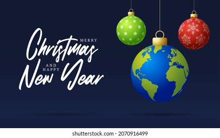 carta de bola de navidad del planeta tierra. Feliz tarjeta de felicitación del mundo navideño. Cuelga en un planeta de hilo de tierra como una bola de navidad en fondo negro. ilustración de world Vector.