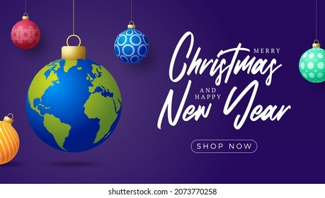 planet earth Christmas ball card. Merry Christmas world greeting card. Hang on a thread earth planet as a xmas ball bauble on black background. world Vector illustration.