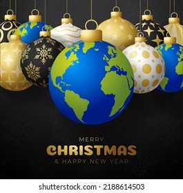 planet earth Christmas ball card. Merry Christmas world greeting card set. Hang on a thread earth planet as a xmas ball bauble on black background. world Vector illustration..