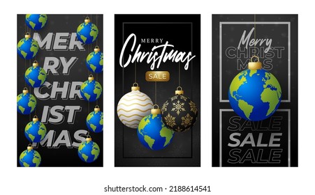 planet earth Christmas ball card. Merry Christmas world greeting card set. Hang on a thread earth planet as a xmas ball bauble on black background. world Vector illustration..