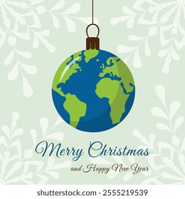 Planet Earth Christmas Bauble, Festive Greeting, worldwide holiday celebration, vector card