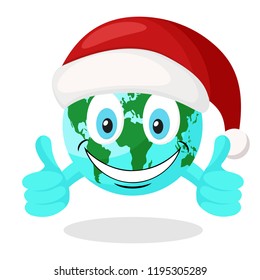 Planet earth in Christmas hat smiles and shows like on a white.