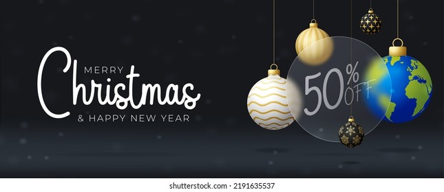 Planet earth Christmas sale banner or greeting card. Merry Christmas and happy new year sport banner with glassmorphism or glass-morphism blur effect. Realistic vector illustration.