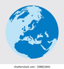 Planet earth as a circle where we see Europe. Continents are in blue and white background. Vector