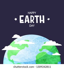 Planet Earth with clouds in the dark sky. Happy Earth day background.