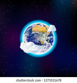 Planet Earth in the clouds in the middle of the night starry sky