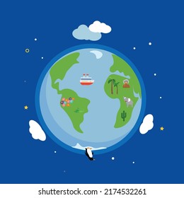 Planeta Tierra con nubes, un pingüino en la Antártida, un barco en el Océano Atlántico, un elefante y palmeras en África
