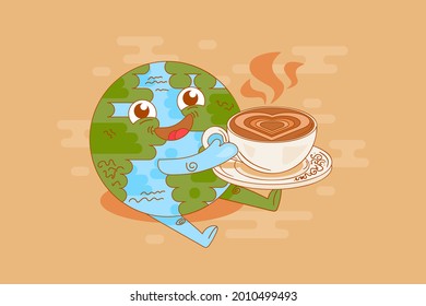 Planet earth coffee break time enjoyment vector. Funny smiling globe holding cup with delicious cappuccino or latte. Character drink aromatic energy beverage flat cartoon illustration