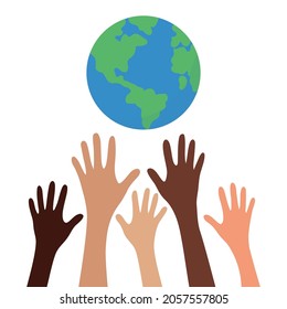 Planet Earth. Colored hands. Earth Day concept. Protection, help, community. Flat vector illustration.