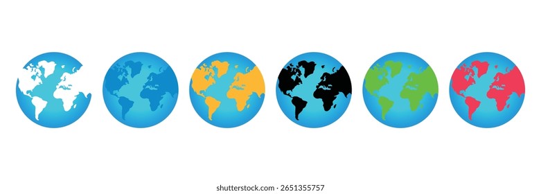 Planet earth colorful continents map globe icons vector illustration of world geography global environment symbol collection set.